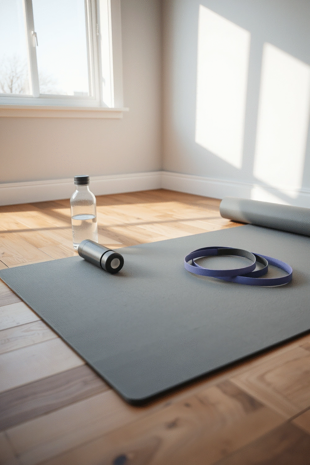 A minimalist home workout space with a yoga mat and water bottle, representing accessible exercise.