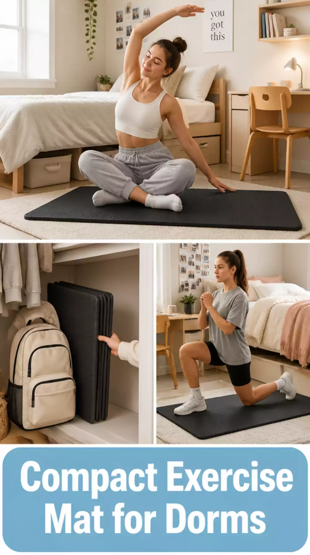 Compact Exercise Mat for Students That Rolls Up Under a Dorm Room Bed