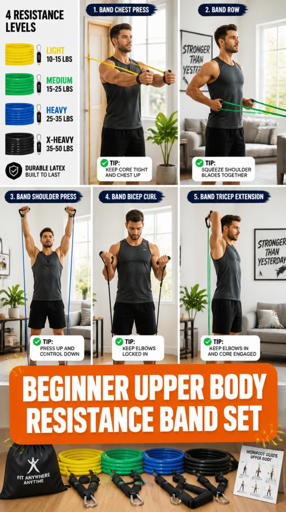 Beginner Upper Body Resistance Band Set That Replaces Gym Machines