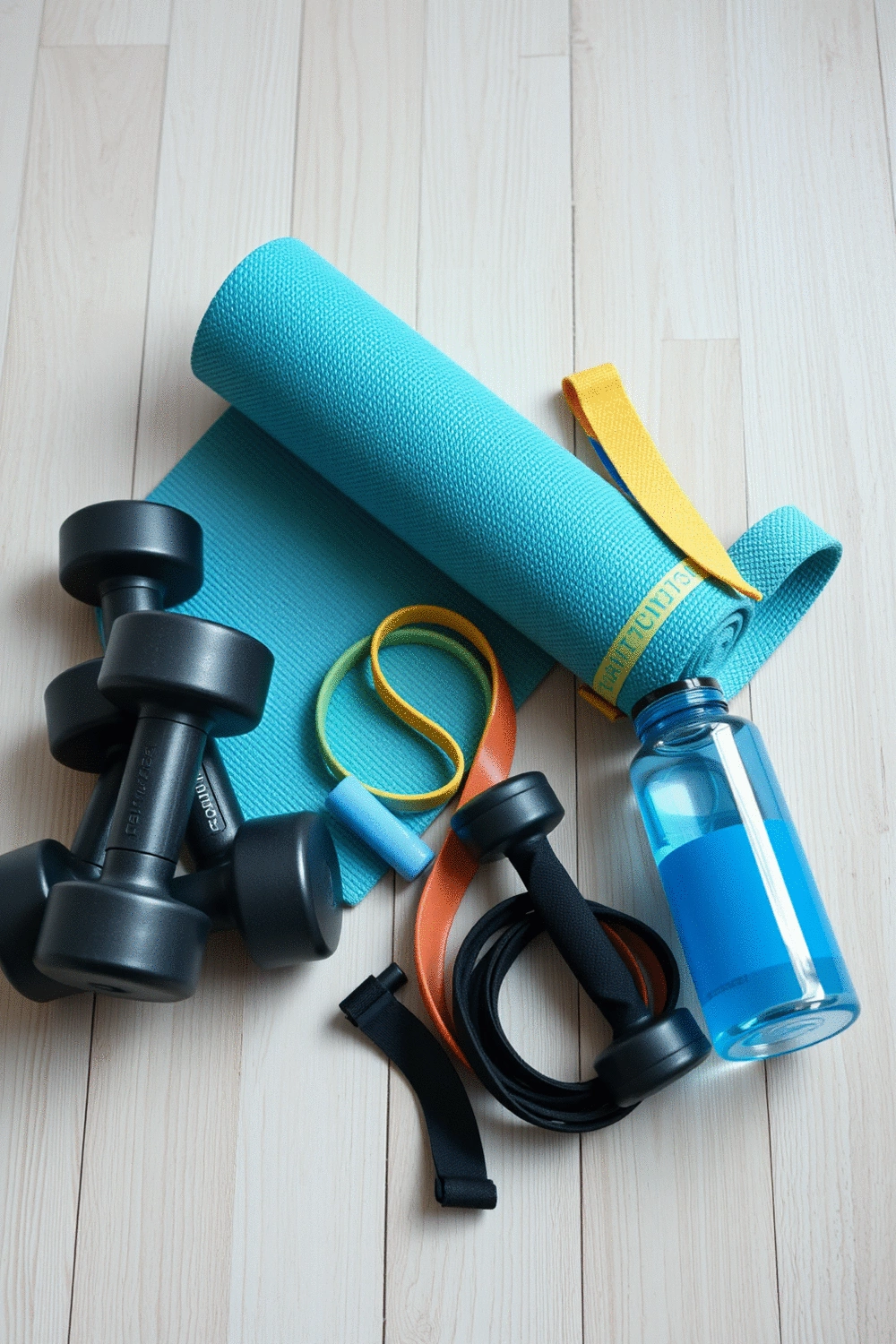 Still life of fitness equipment like dumbbells, yoga mat, and water bottle on a clean floor