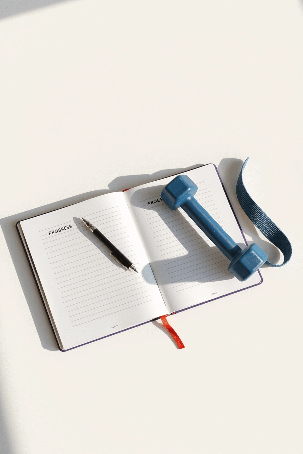 Fitness journal with pen, small dumbbells, and a resistance band on a clean, light-colored surface, illustrating progress tracking and small wins