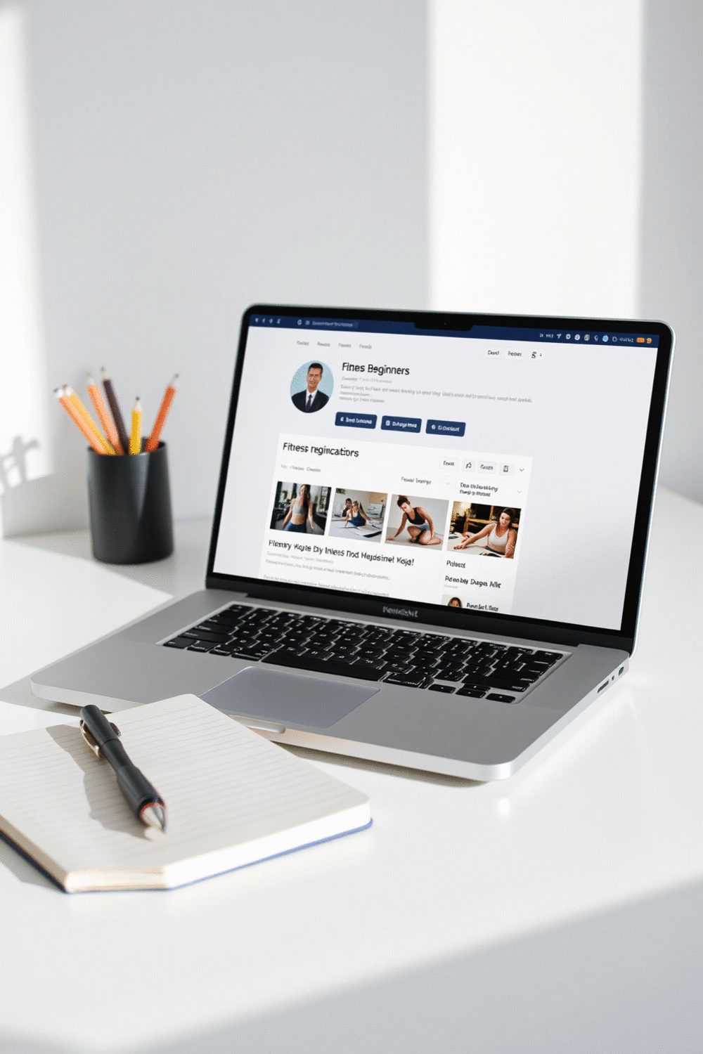 A laptop displaying an online forum page for fitness beginners, surrounded by a notebook and a pen, indicating community and learning
