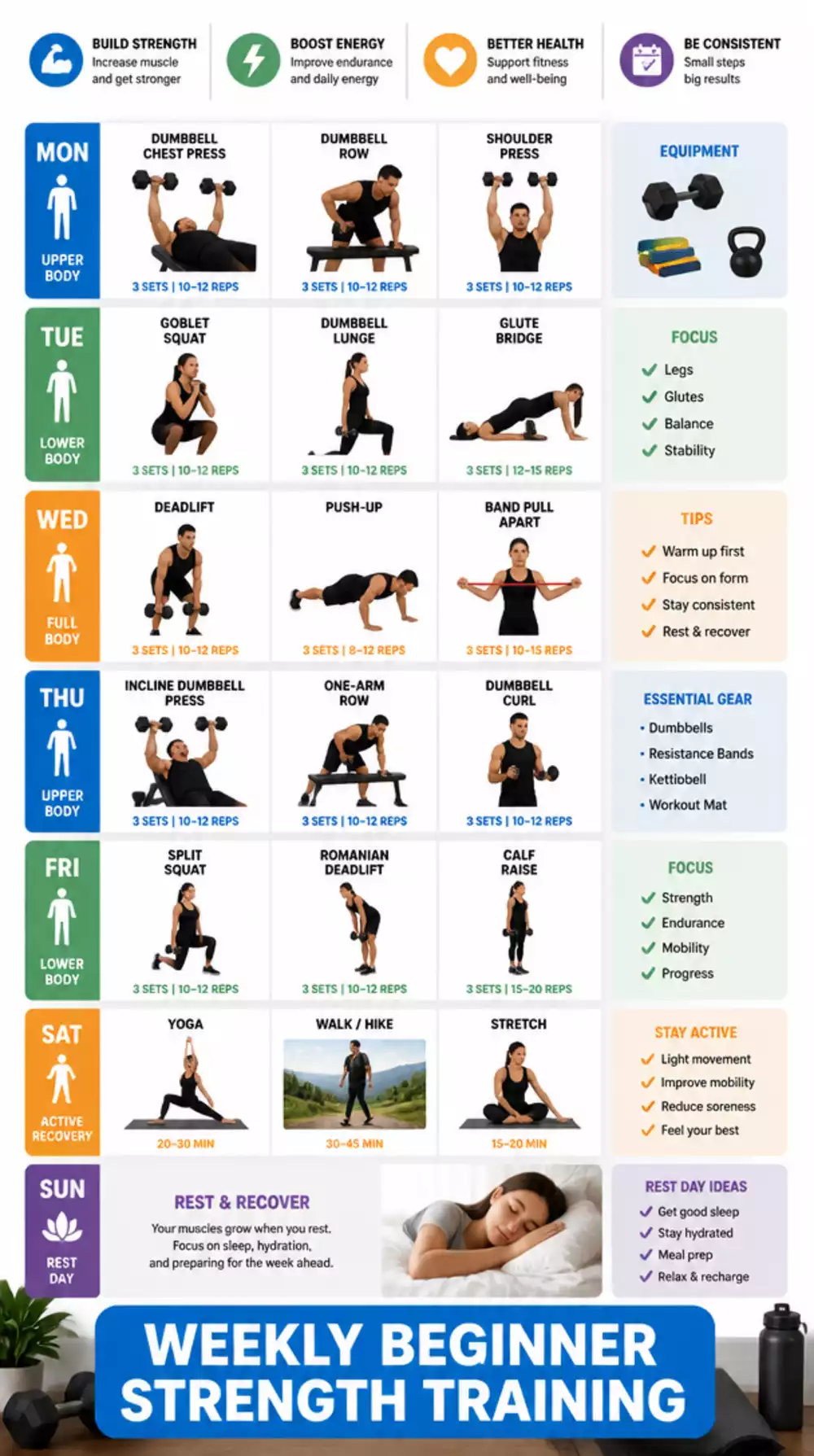 Weekly Beginner Strength Training Schedule with Rest Days