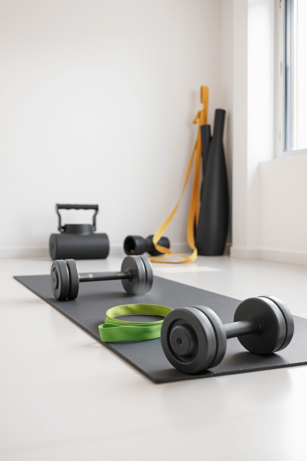 Fitness equipment arranged in a clean, minimalist home gym setting