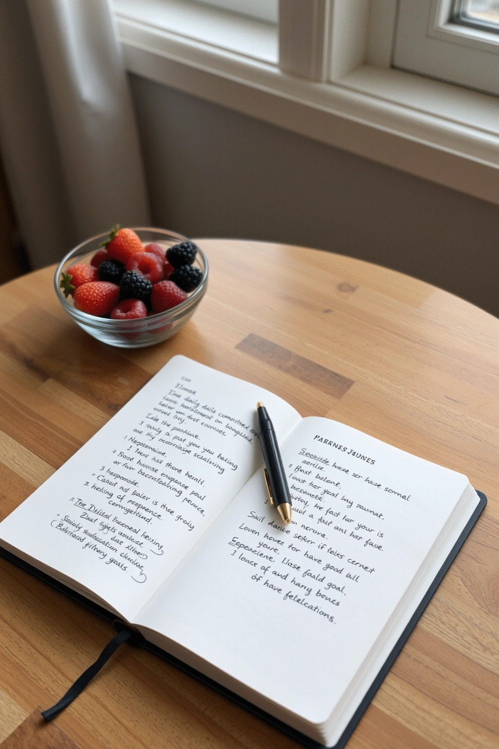 A journal open to a page with handwritten notes about daily commitments and fitness goals, alongside a pen and a small, healthy snack, symbolizing planning and self-care.