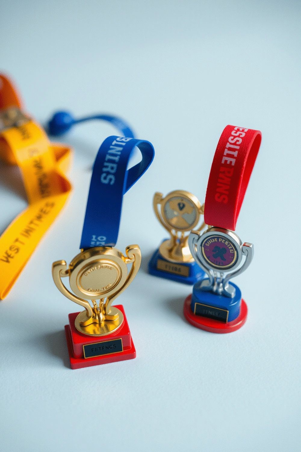 Small, colorful trophies or medals arranged on a clean background, symbolizing fitness milestones and achievements.