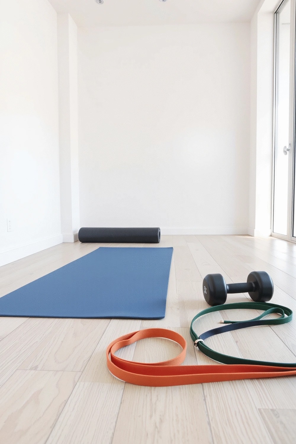 A clean and organized home gym space with a yoga mat, dumbbells, and resistance bands neatly arranged on a light wooden floor.