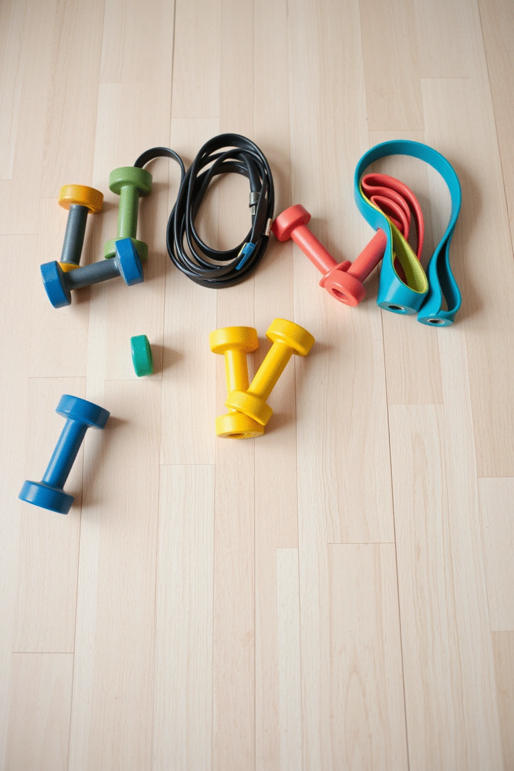 A collection of small, colorful dumbbells and resistance bands arranged neatly on a light wooden floor, symbolizing achievable fitness goals.