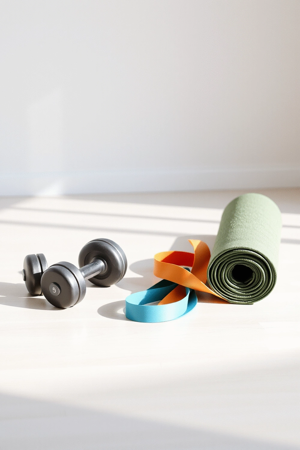 Dumbbells, resistance bands, and a yoga mat neatly arranged in a home workout space