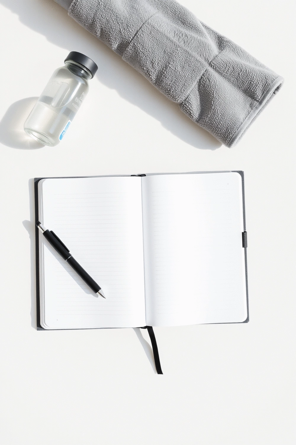 A minimalist flat lay of a fitness journal with a pen, a water bottle, and a small hand towel on a light background, symbolizing accountability and progress tracking.