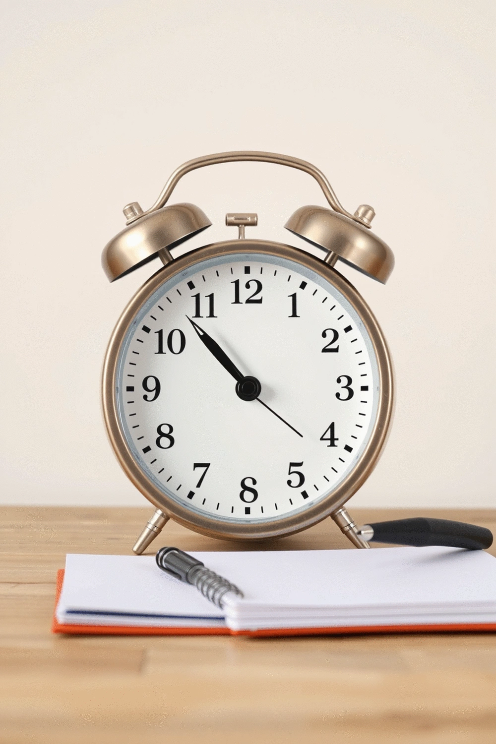 A minimalist alarm clock with a notepad and pen, symbolizing time management and planning for busy schedules.