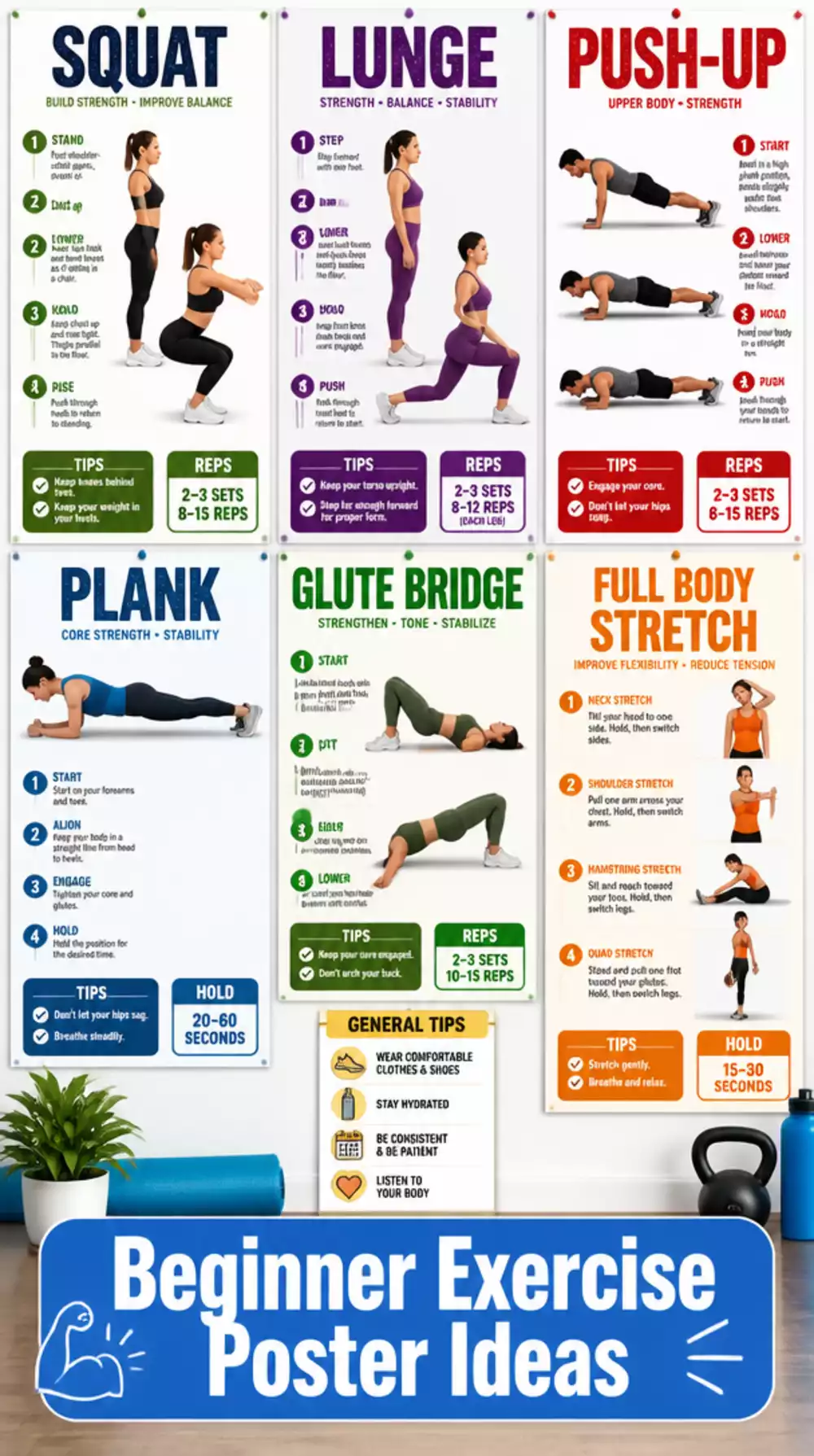 Beginner Exercise Poster That Shows Every Move with Step-by-Step Instructions