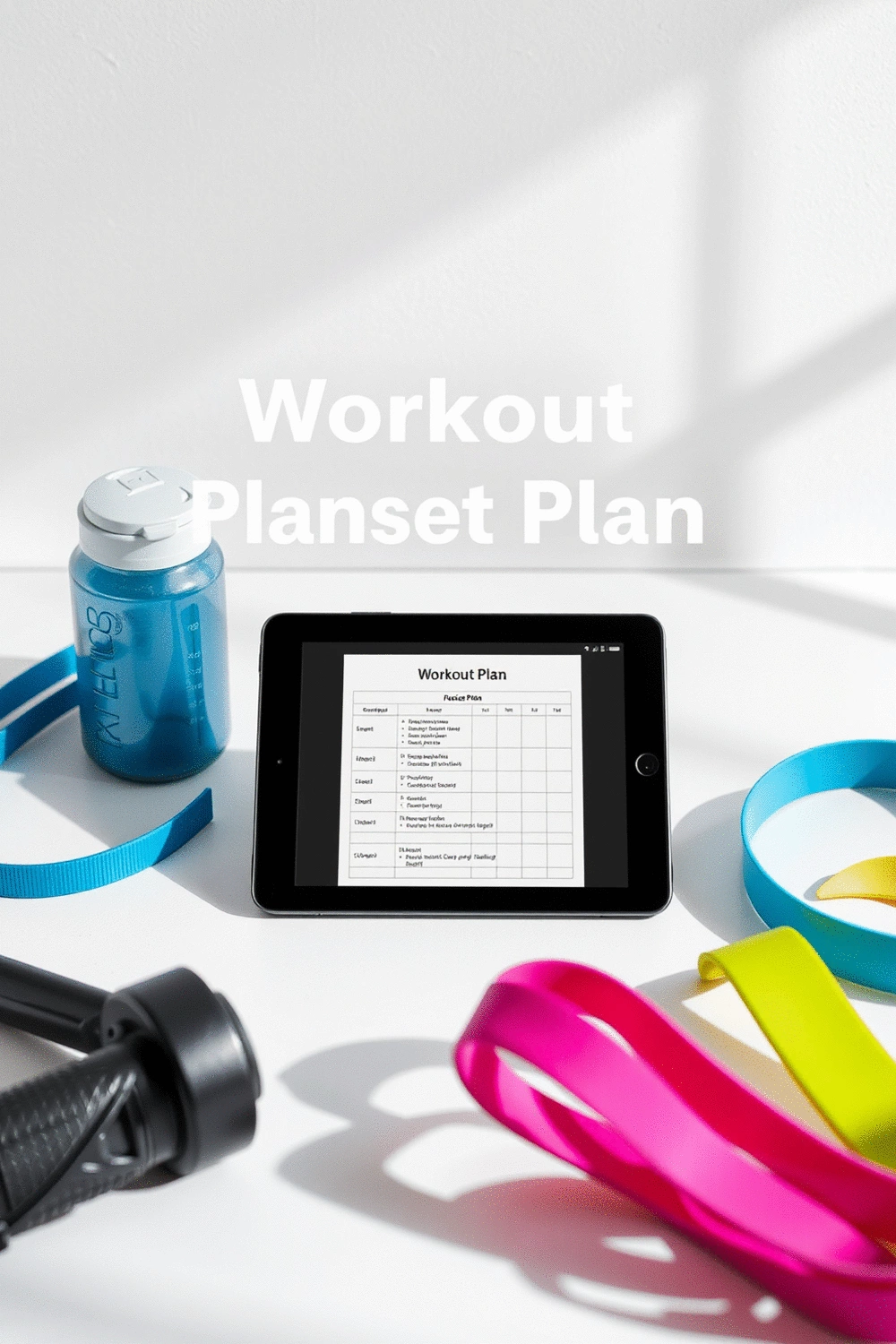 A structured workout plan displayed on a tablet with fitness accessories like a water bottle and resistance bands on a clean surface