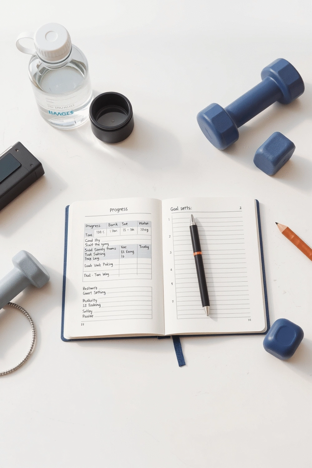 Fitness journal with pen on a clean, light-colored desk, showing progress tracking and goal setting, surrounded by minimalist workout accessories