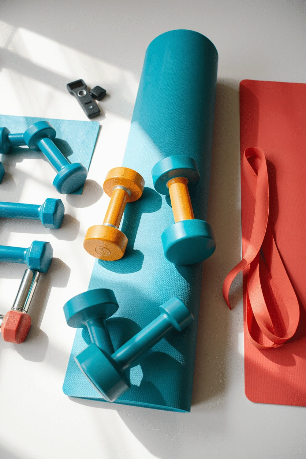 Dumbbells, resistance bands, and a yoga mat neatly arranged on a clean gym floor.
