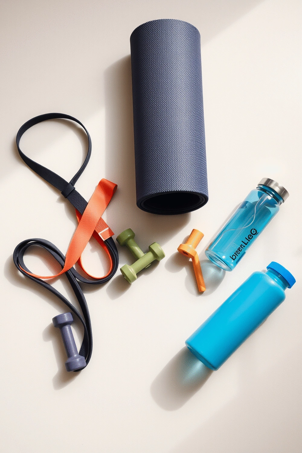 Still life of various fitness equipment like resistance bands, a yoga mat, small dumbbells, and a water bottle arranged neatly on a clean, light-colored floor, suggesting home workouts.