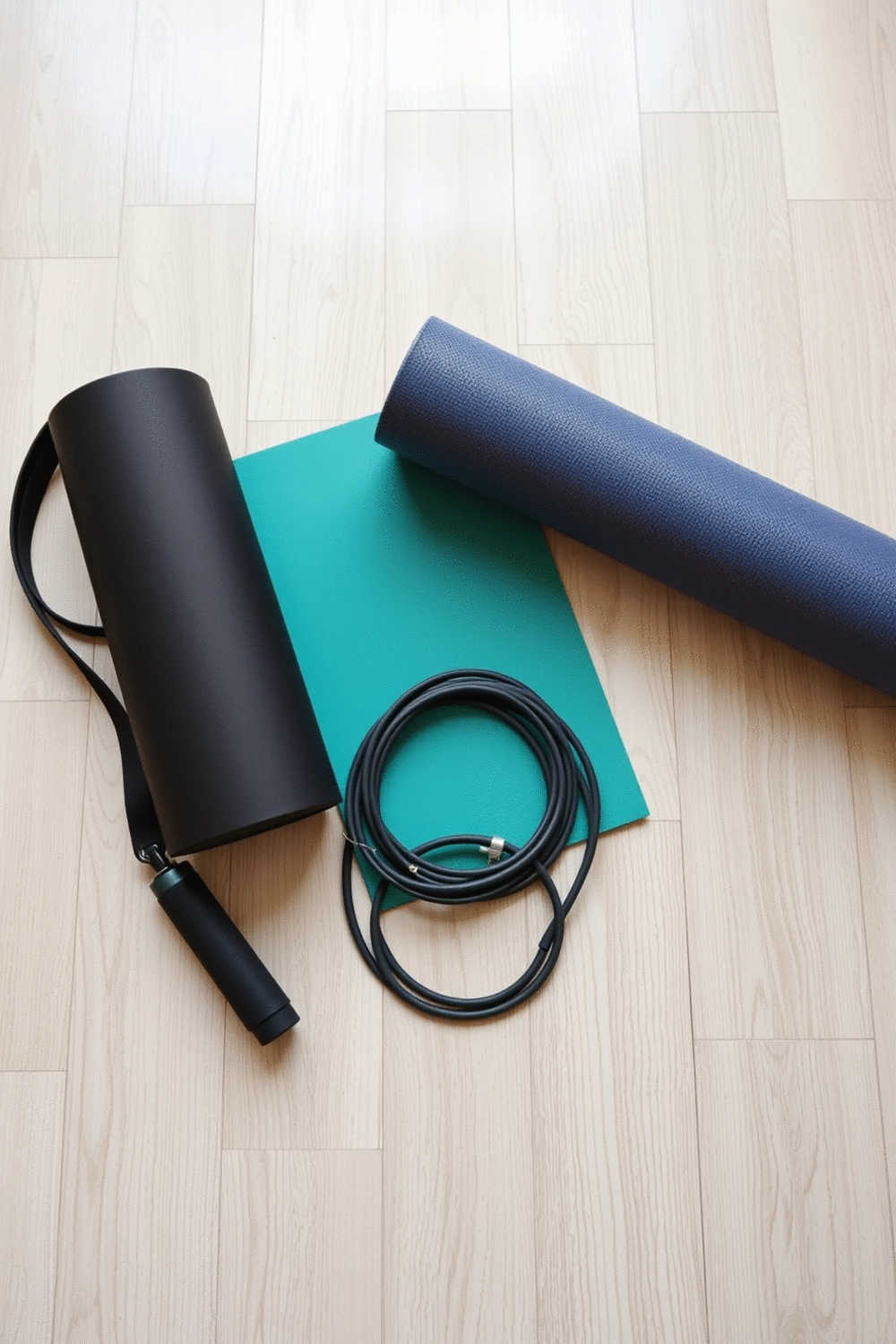 A flat lay of various fitness equipment like resistance bands, a yoga mat, and a jump rope, arranged neatly to symbolize preparedness for a fitness journey.