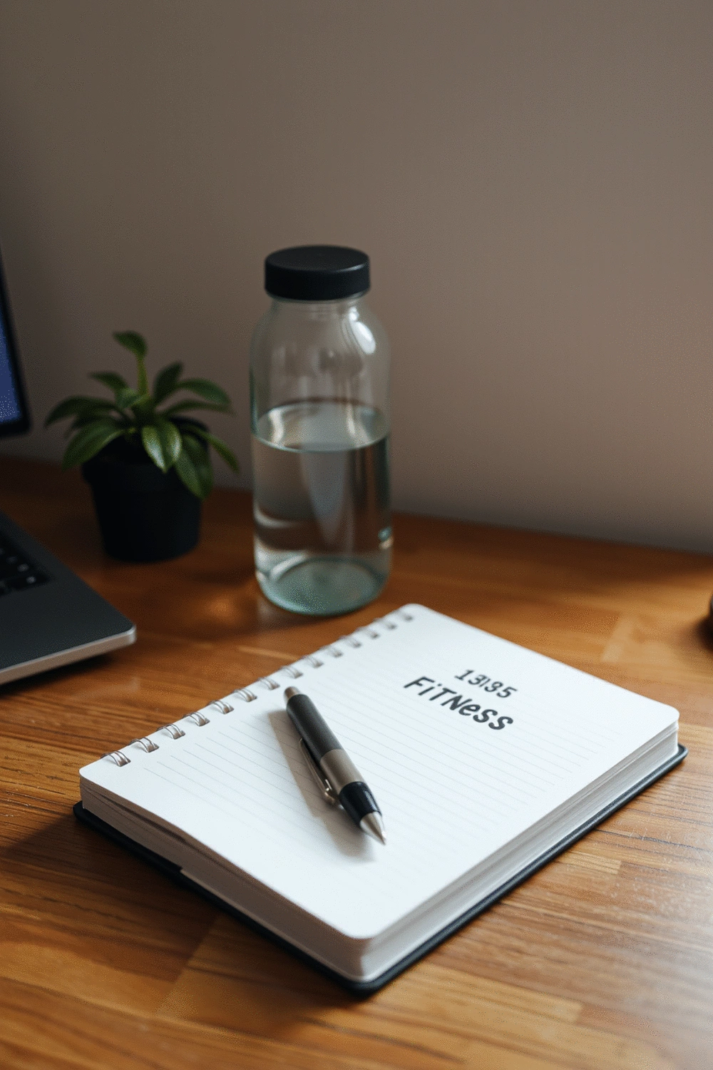 Fitness journal with pen on a clean wooden desk, surrounded by a water bottle and a small plant