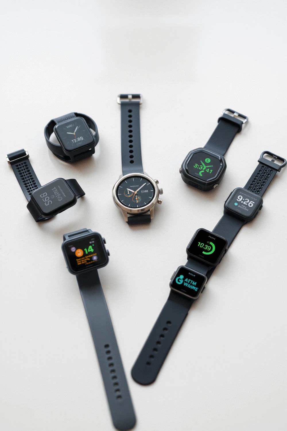 Illustration of a diverse group of fitness trackers and smartwatches on a clean surface, symbolizing shared fitness goals and community engagement.