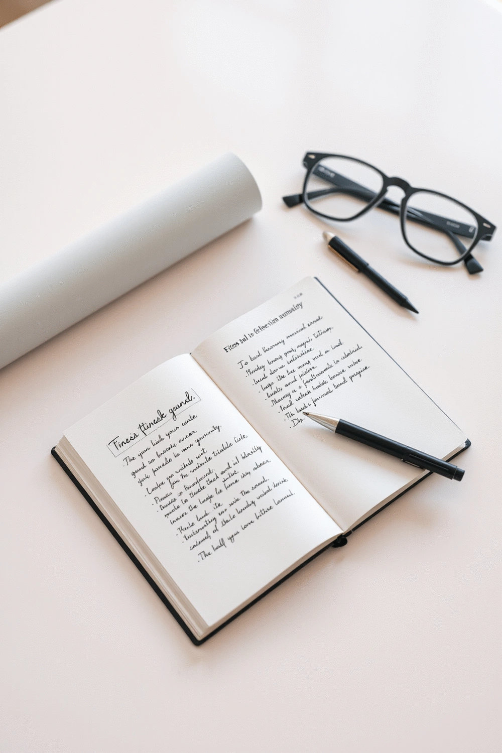 Fitness journal and pen on a clean desk, symbolizing goal setting and reflection.