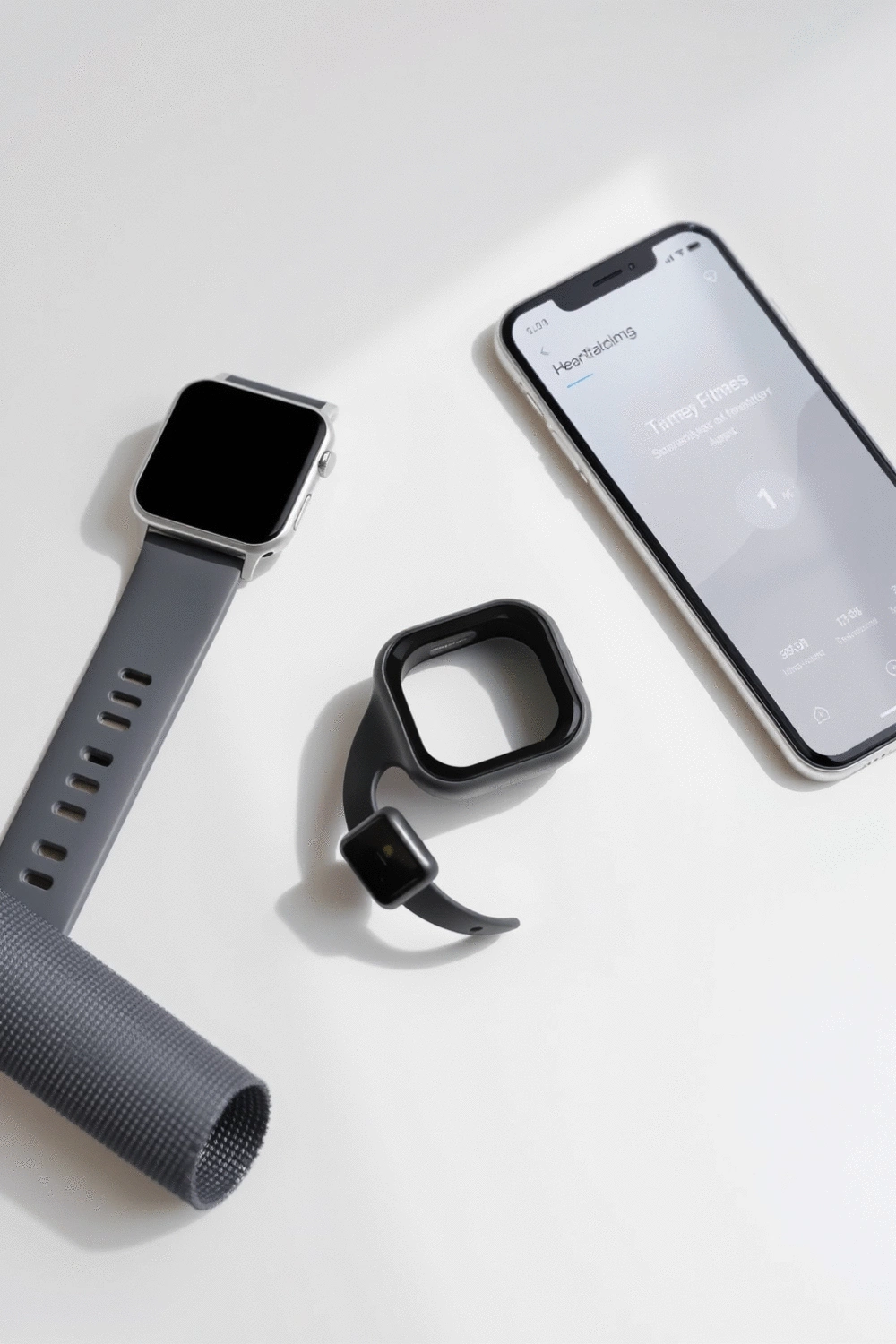 A collection of modern fitness tracking devices, including a smartwatch, a heart rate monitor, and a smartphone displaying a fitness app, arranged on a clean surface.