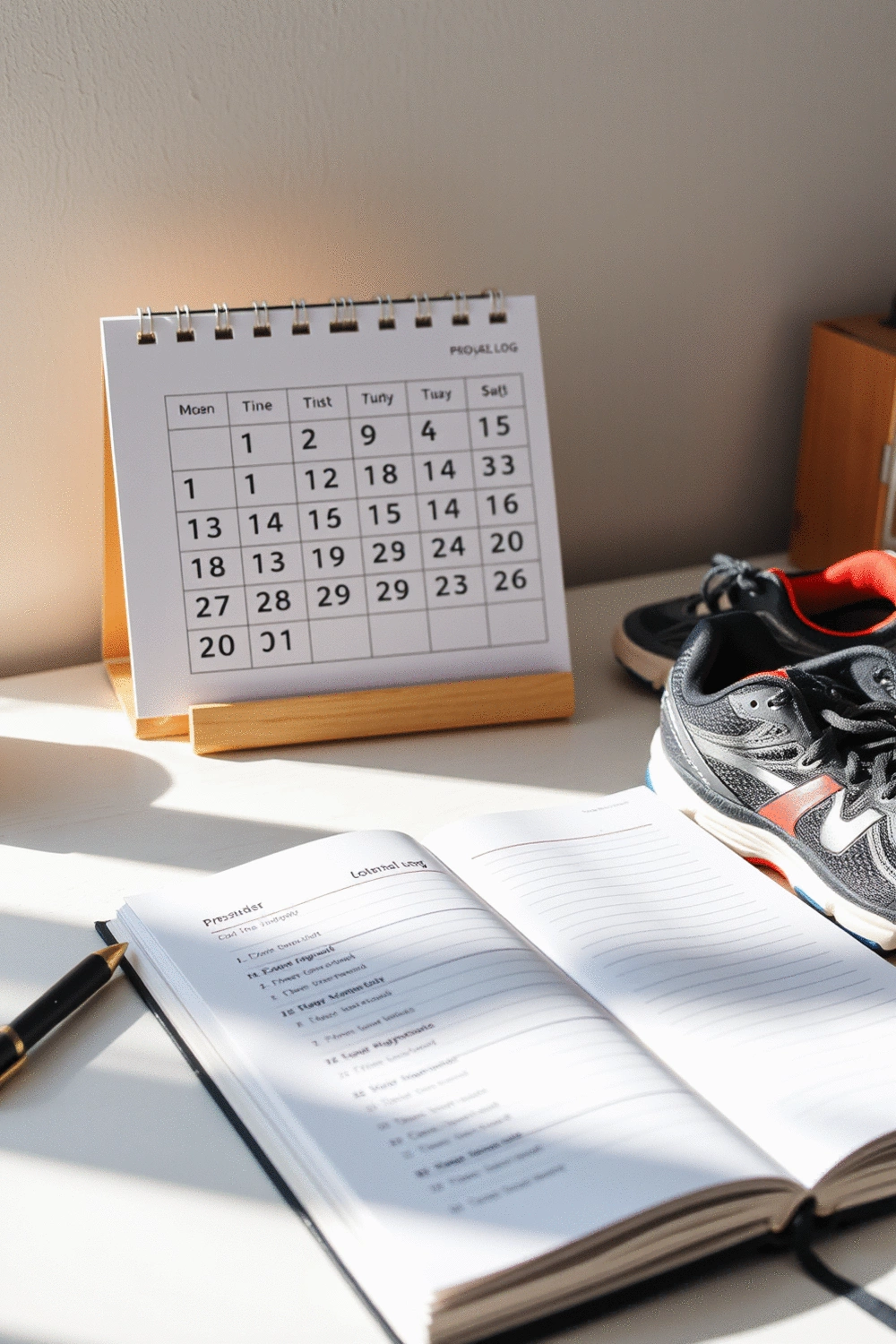 A calendar with marked dates and a pair of running shoes, symbolizing consistent workout routine and goal setting.