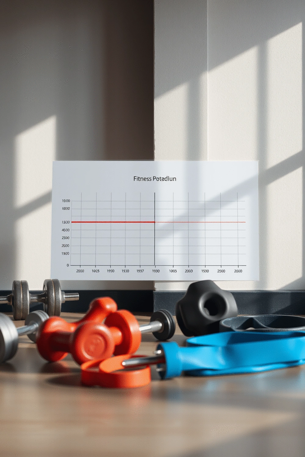 A visual representation of a fitness progress chart with a flat line indicating a plateau, surrounded by weights and resistance bands.