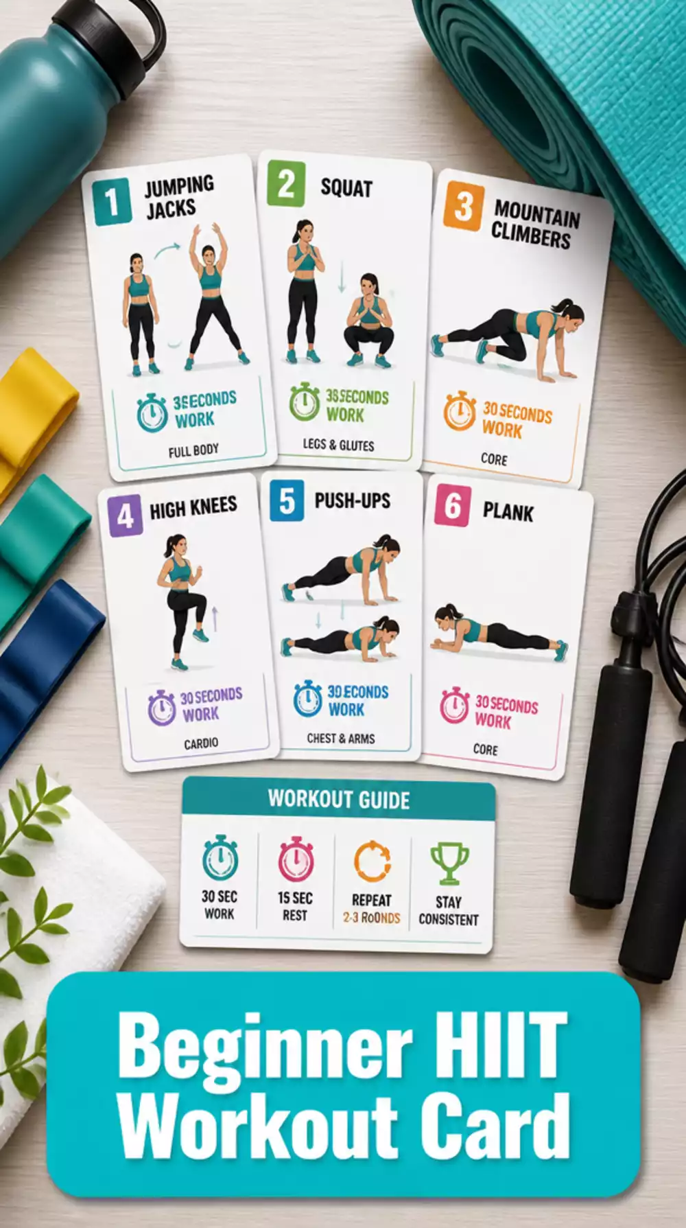 Beginner HIIT Workout Card That Lays Out Every Interval Clearly