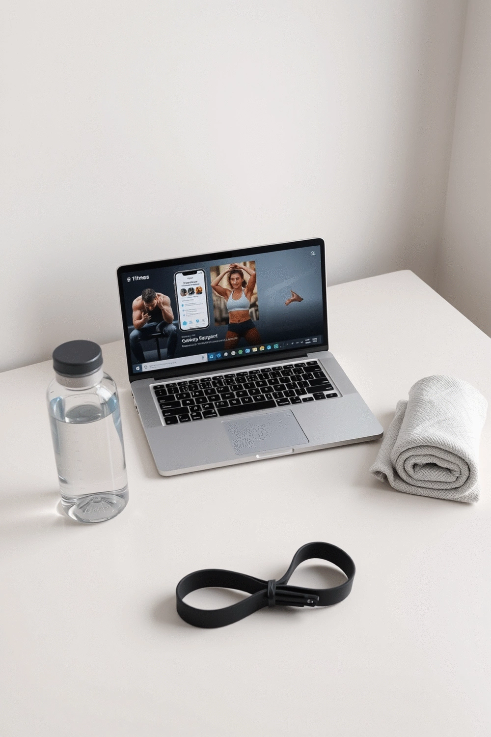 A laptop displaying a fitness app interface, surrounded by a water bottle, a small towel, and a resistance band on a clean, light-colored desk, illustrating online community engagement.
