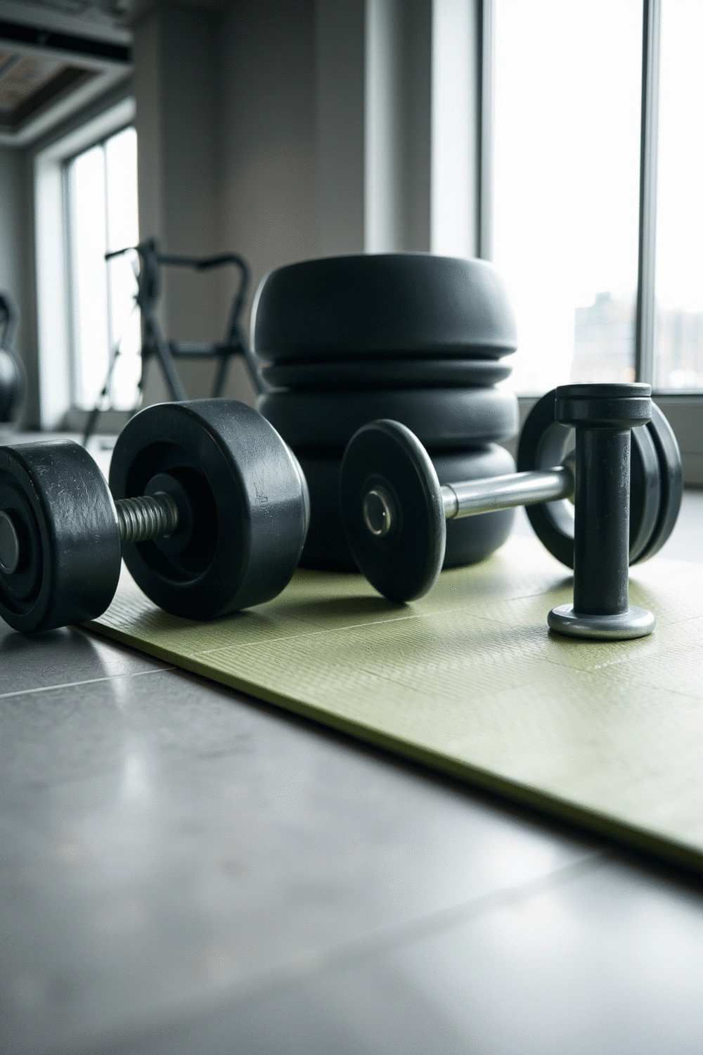 Detailed close-up of various exercise weights and a yoga mat on a clean gym floor, showcasing proper equipment setup for a workout.