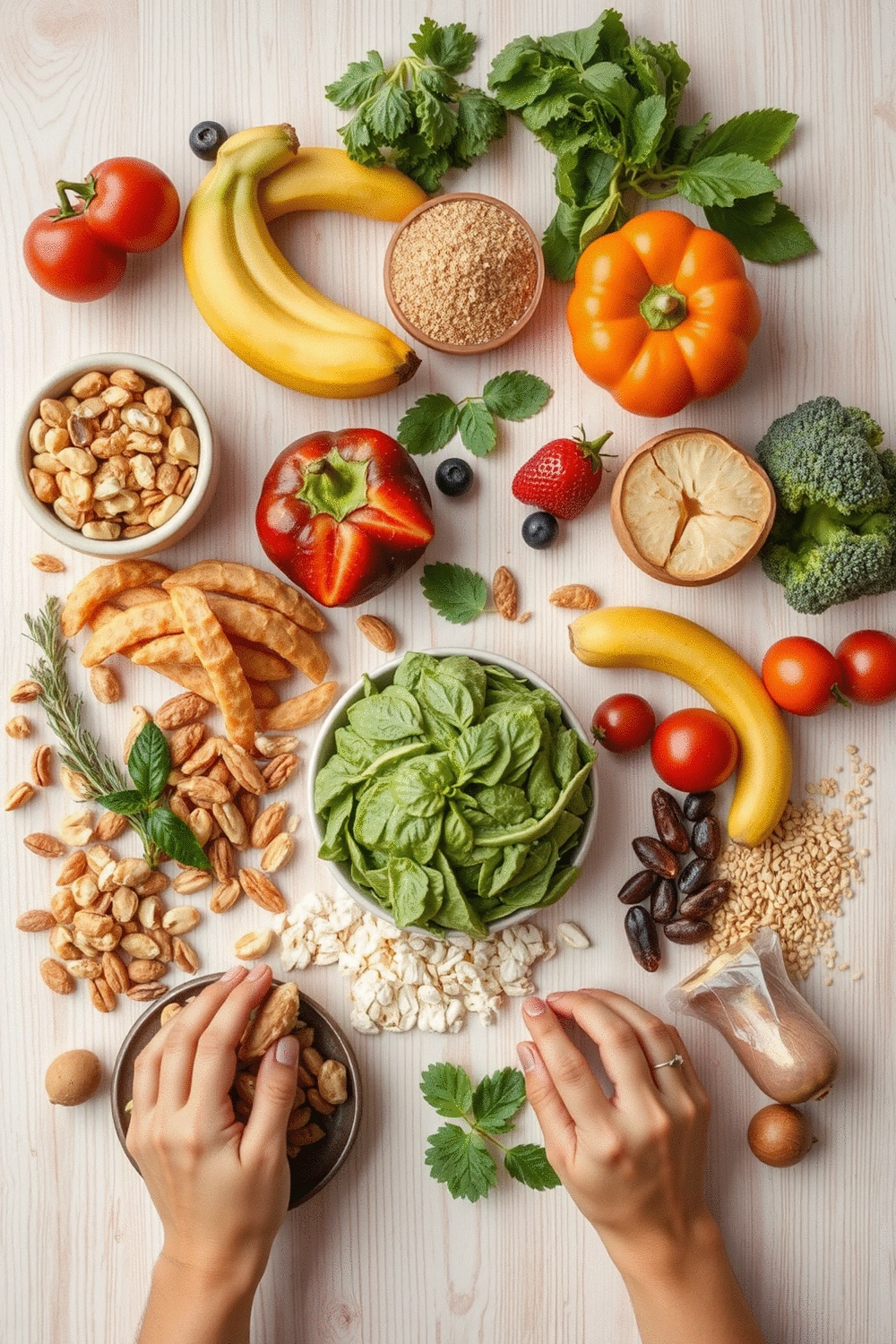 Flat lay of various healthy food ingredients like fruits, vegetables, nuts, and whole grains, arranged neatly on a light wooden background, symbolizing balanced nutrition for fitness.