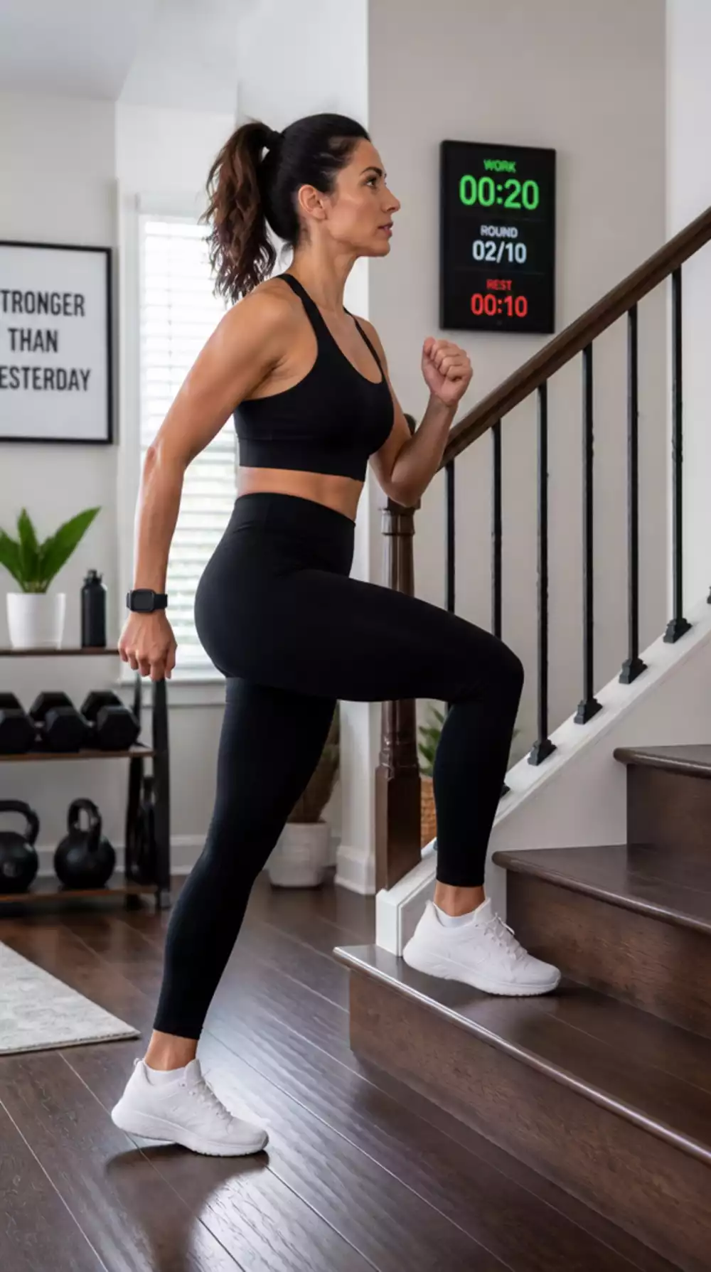 Beginner Step-Up Using a Stair That Builds Single-Leg Lower Body Strength