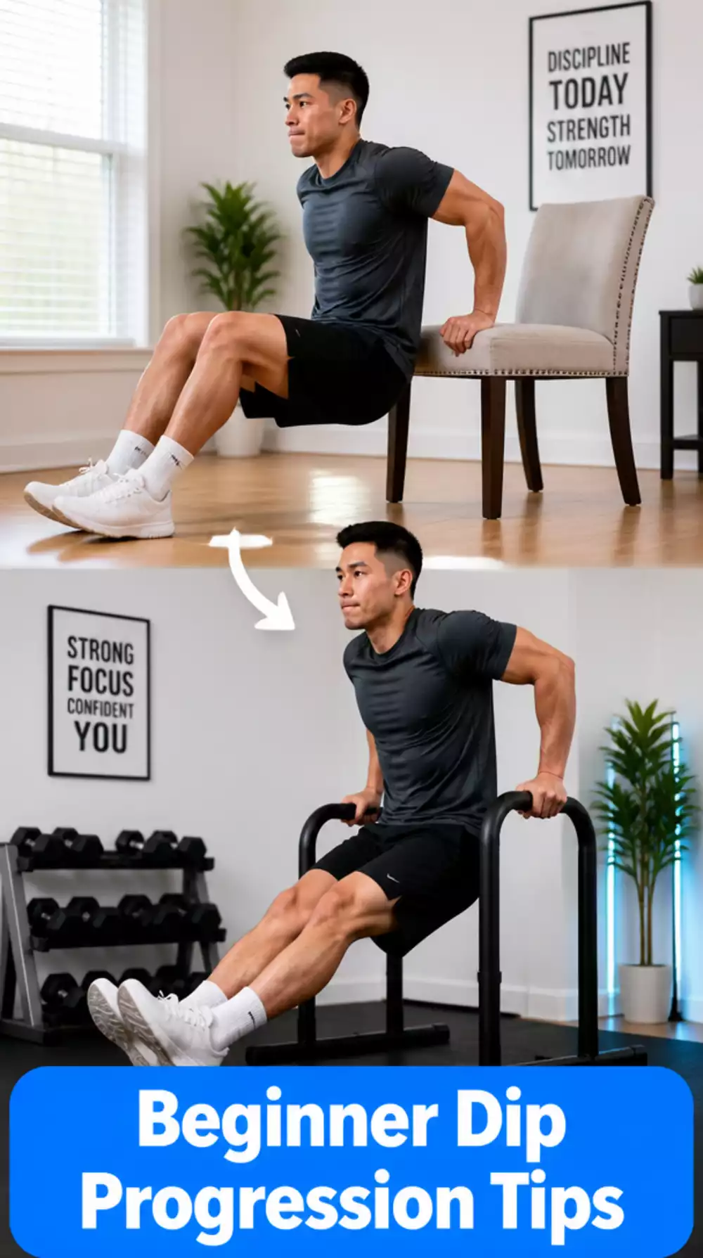 Calisthenics Beginner Dip Progression Using a Chair Then Parallel Bars