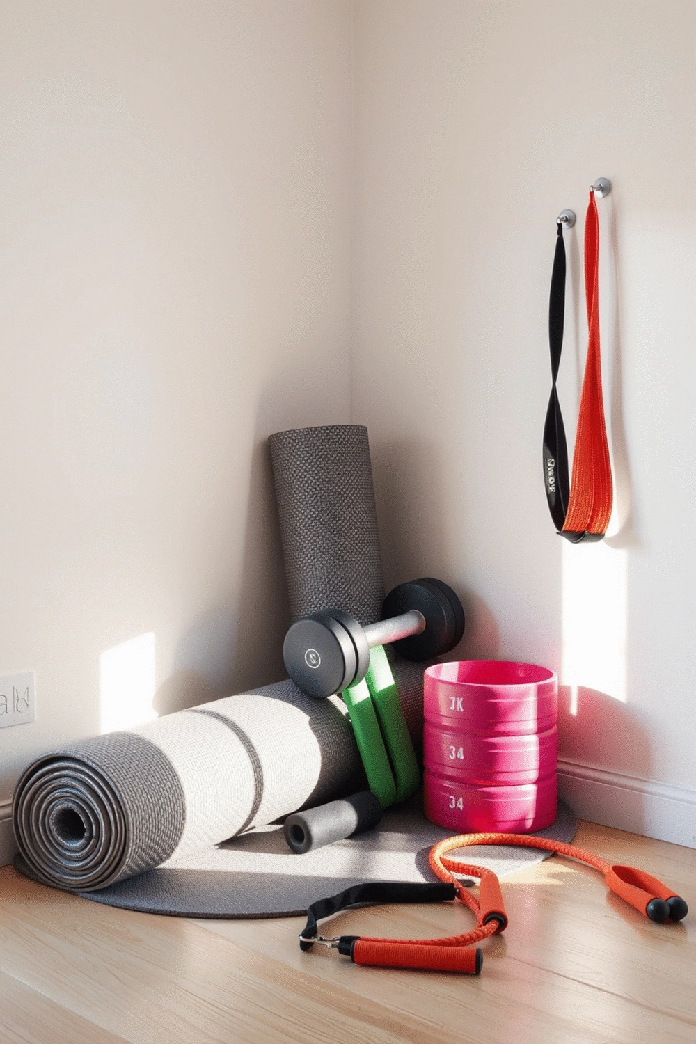 Various home gym equipment arranged neatly in a corner of a bright, modern room, including dumbbells, a yoga mat, and resistance bands.