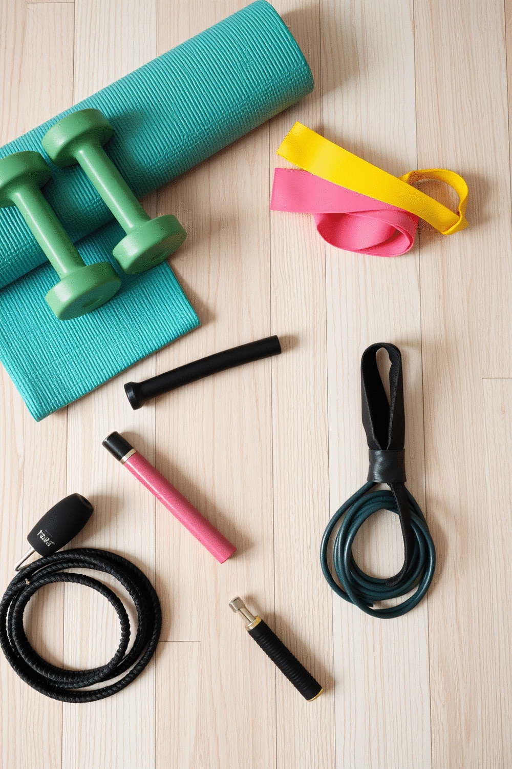 A collection of diverse fitness equipment like dumbbells, resistance bands, a yoga mat, and a jump rope, arranged neatly on a light wooden floor, suggesting various beginner-friendly workout options.