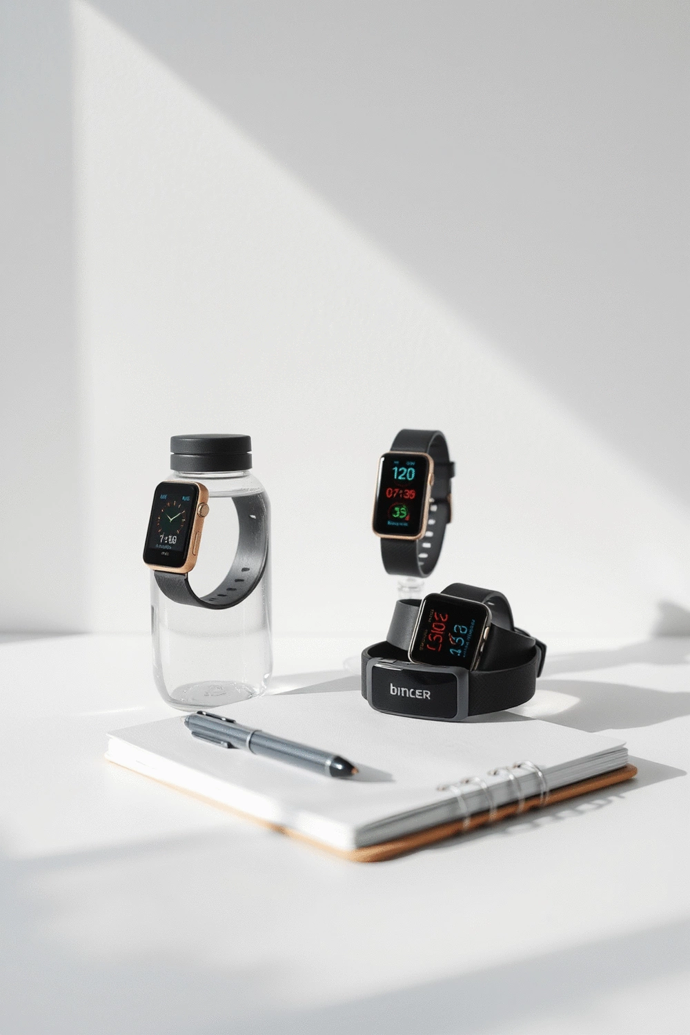 Still life arrangement of fitness tracking devices, a water bottle, and a small notebook with a pen, against a clean, minimalist background, symbolizing consistency and planning.