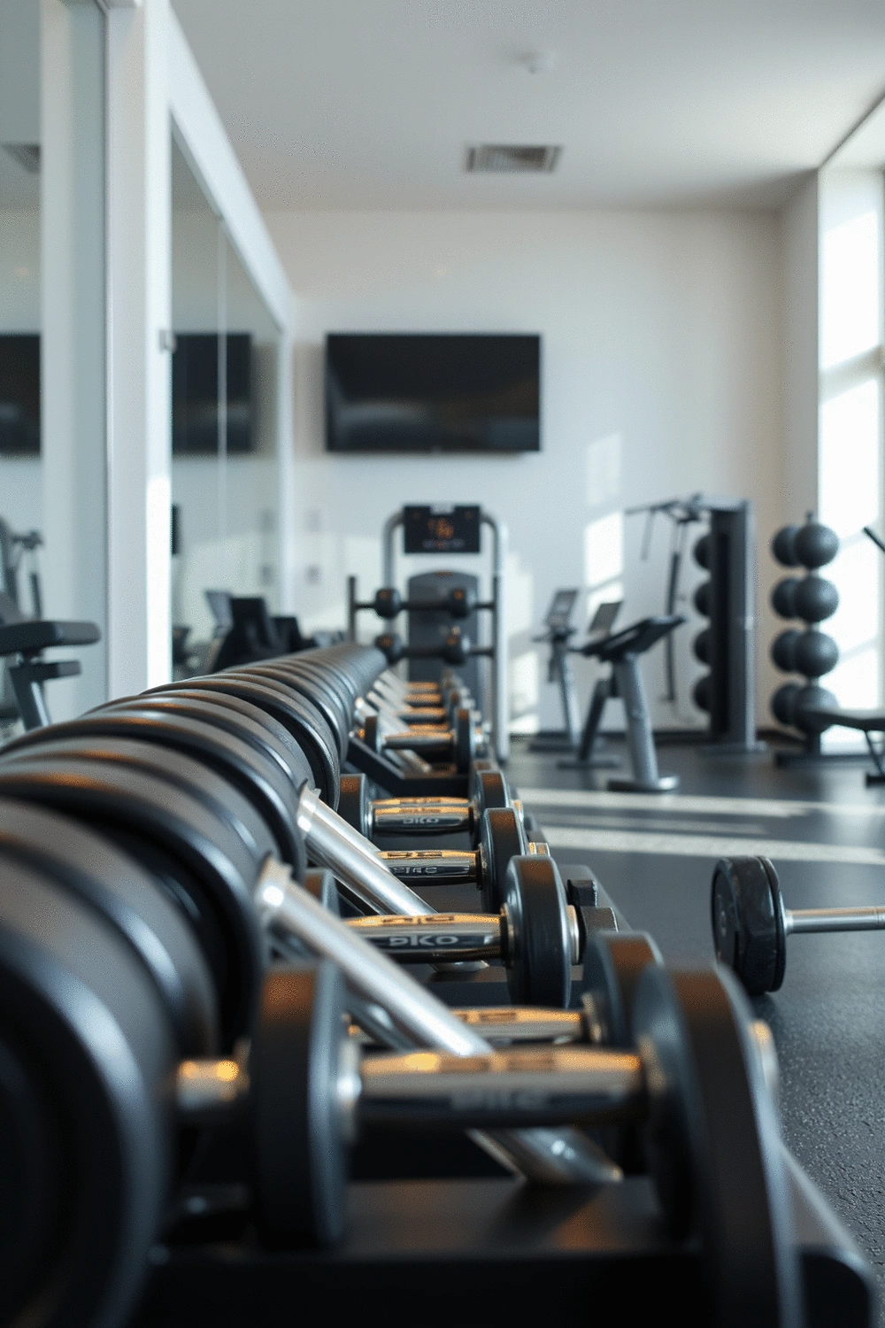 Gym equipment with weights and dumbbells neatly arranged in a clean, modern fitness space