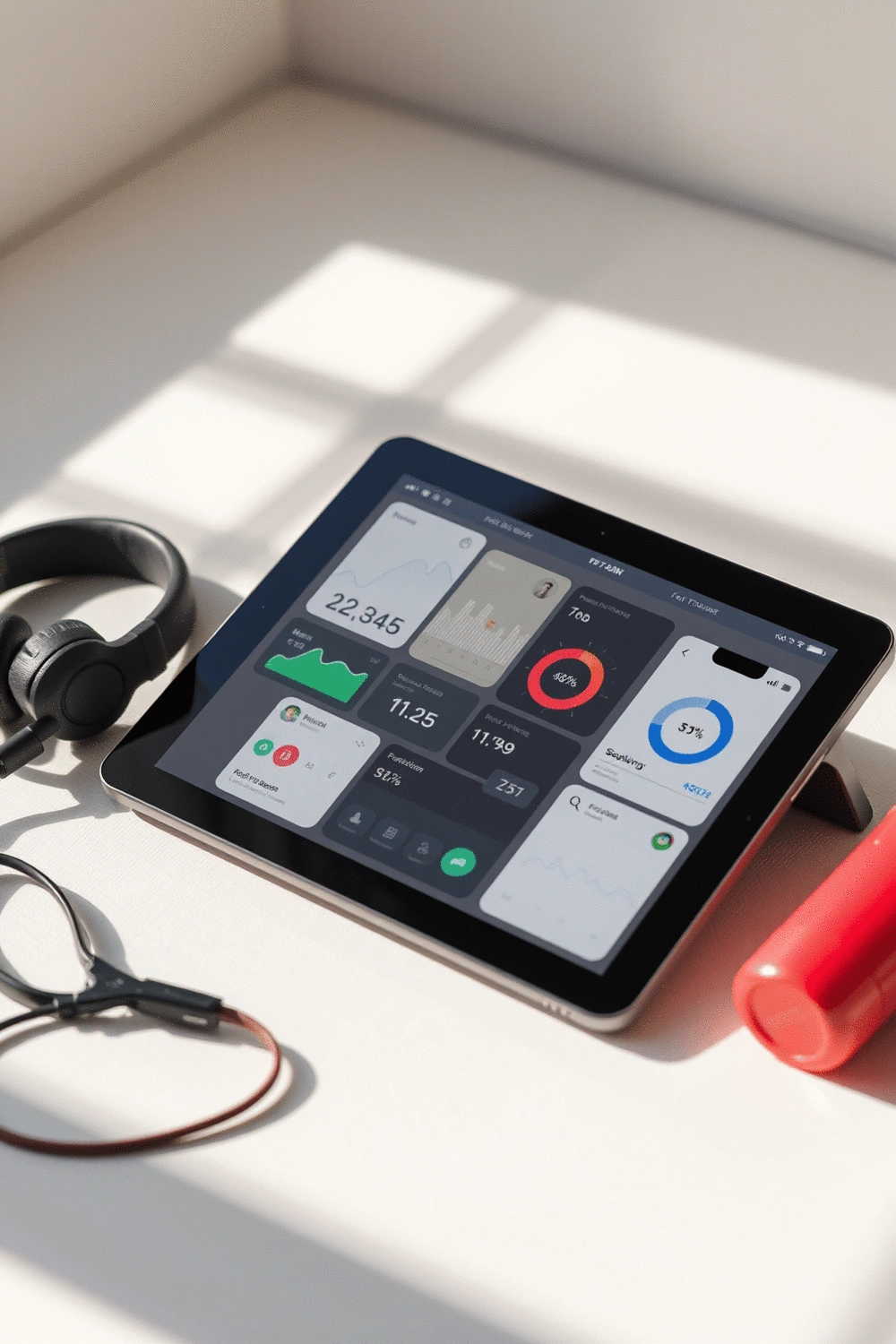 Various fitness tracking apps displayed on a tablet screen, surrounded by workout accessories like headphones and a water bottle.