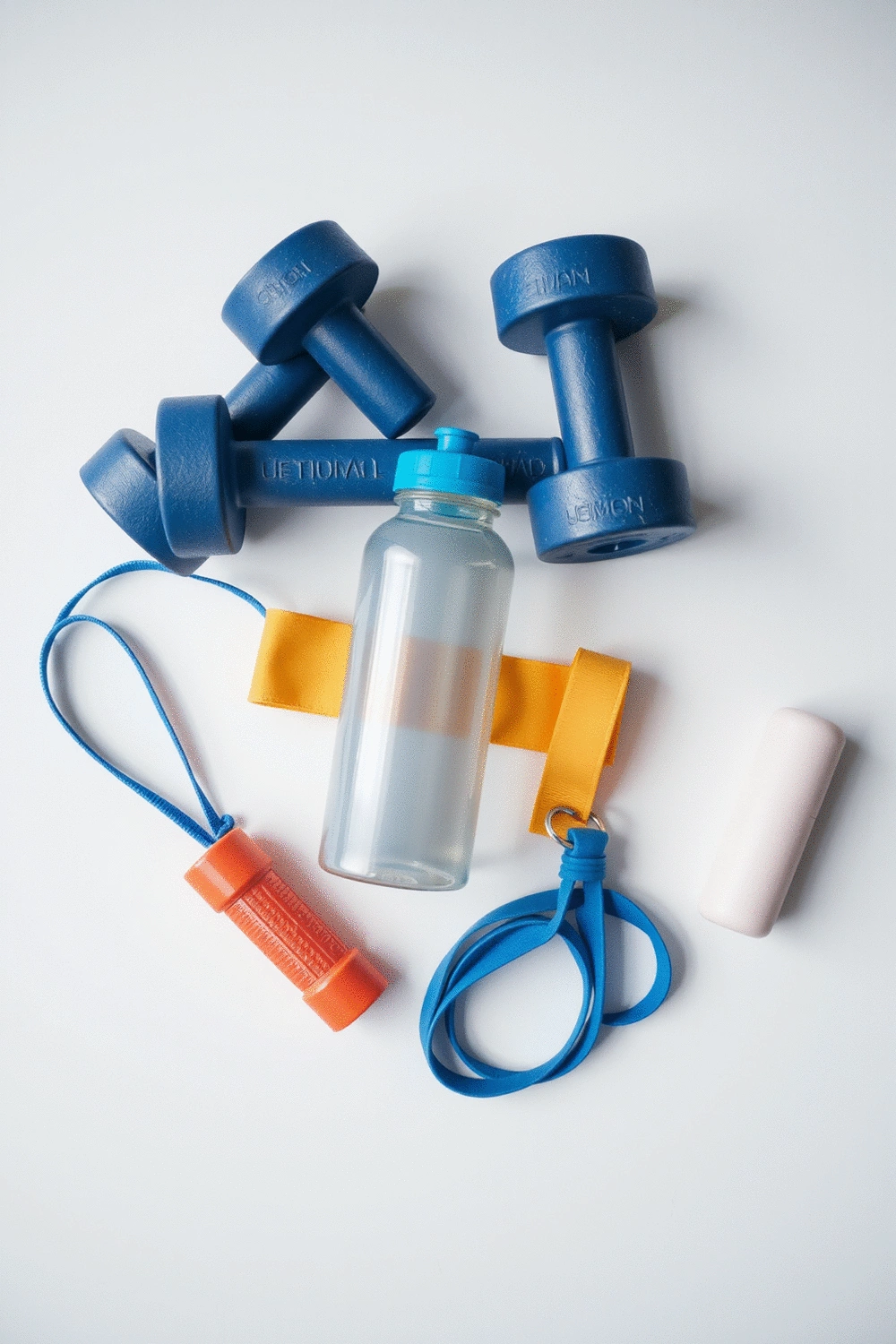 A flat lay of various fitness equipment including dumbbells, a resistance band, and a water bottle on a clean background.