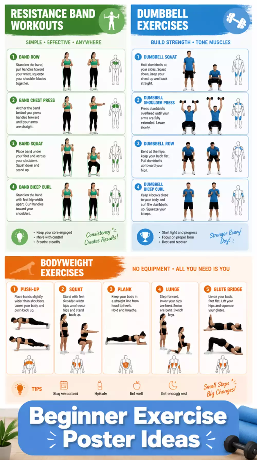 Beginner Exercise Poster That Shows Every Move with Clear Instructions