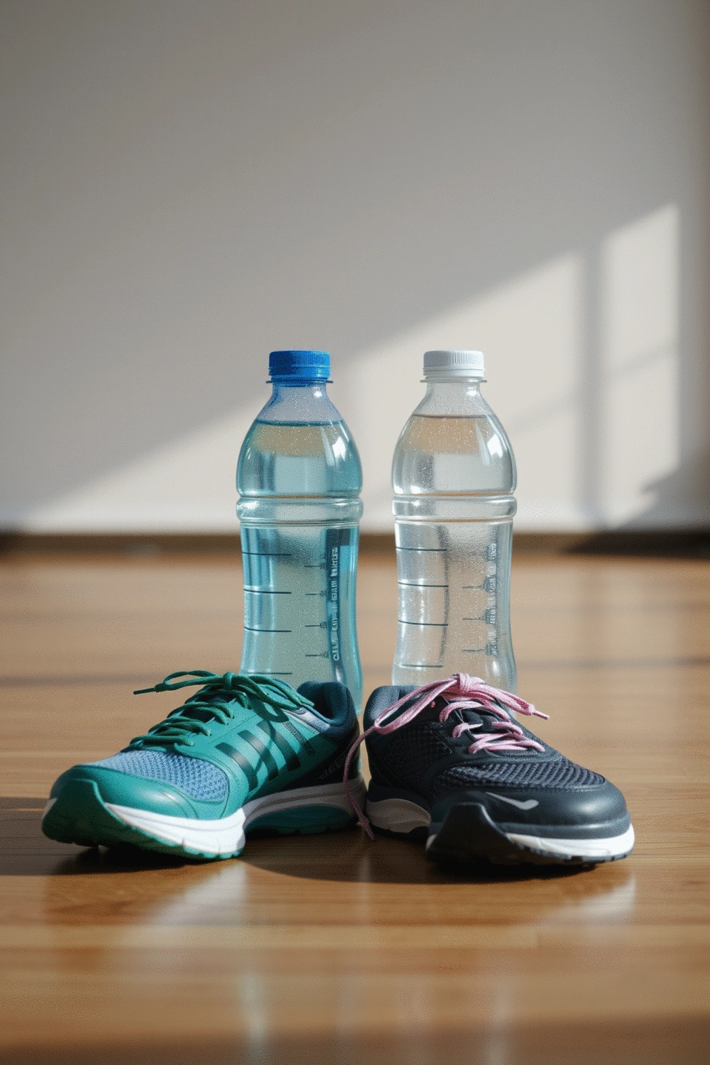 Still life of two water bottles and a pair of running shoes on a gym floor, representing companionship and shared fitness activities.
