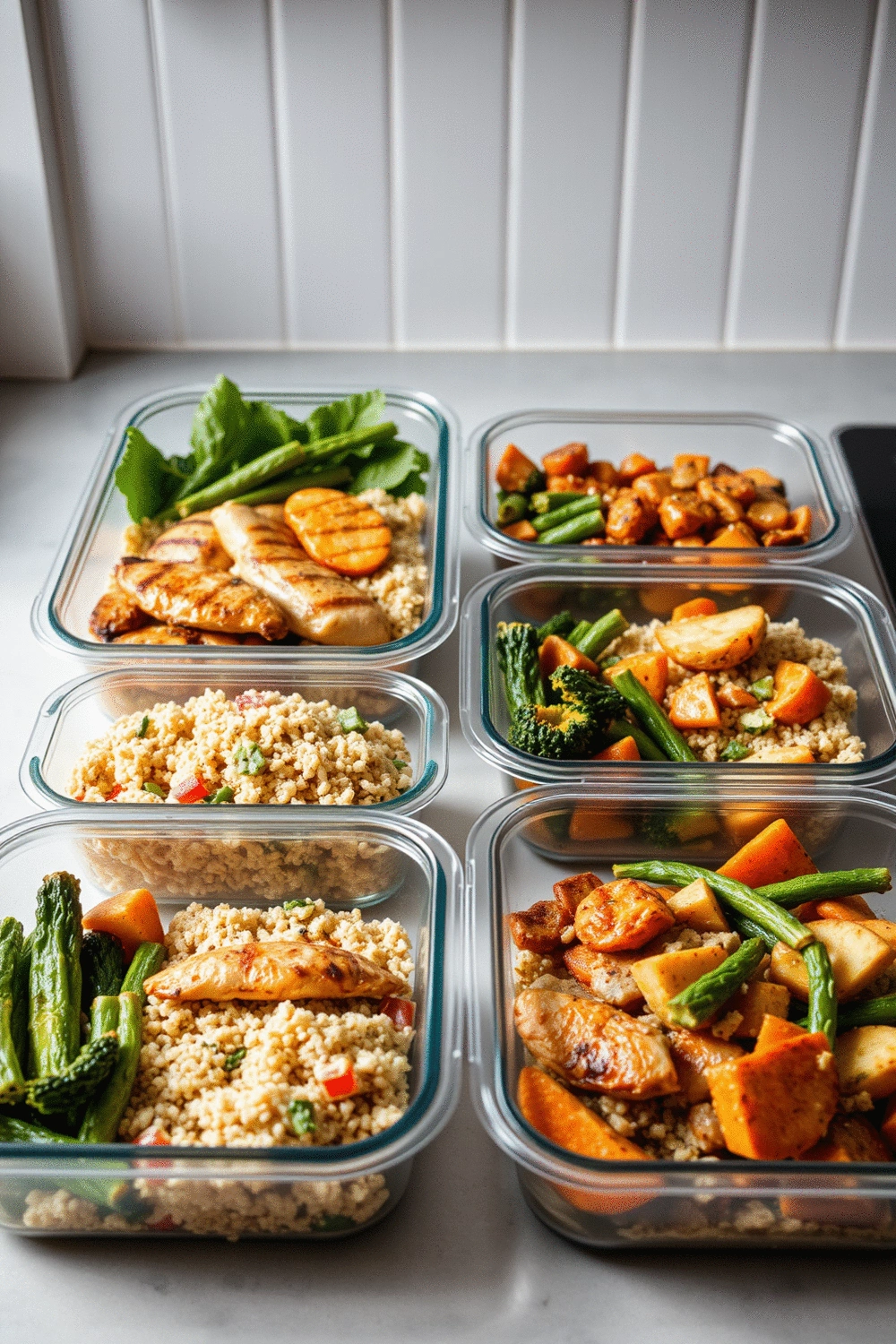 Flat lay of various healthy meal prep containers with balanced meals: grilled chicken, quinoa, and steamed vegetables.