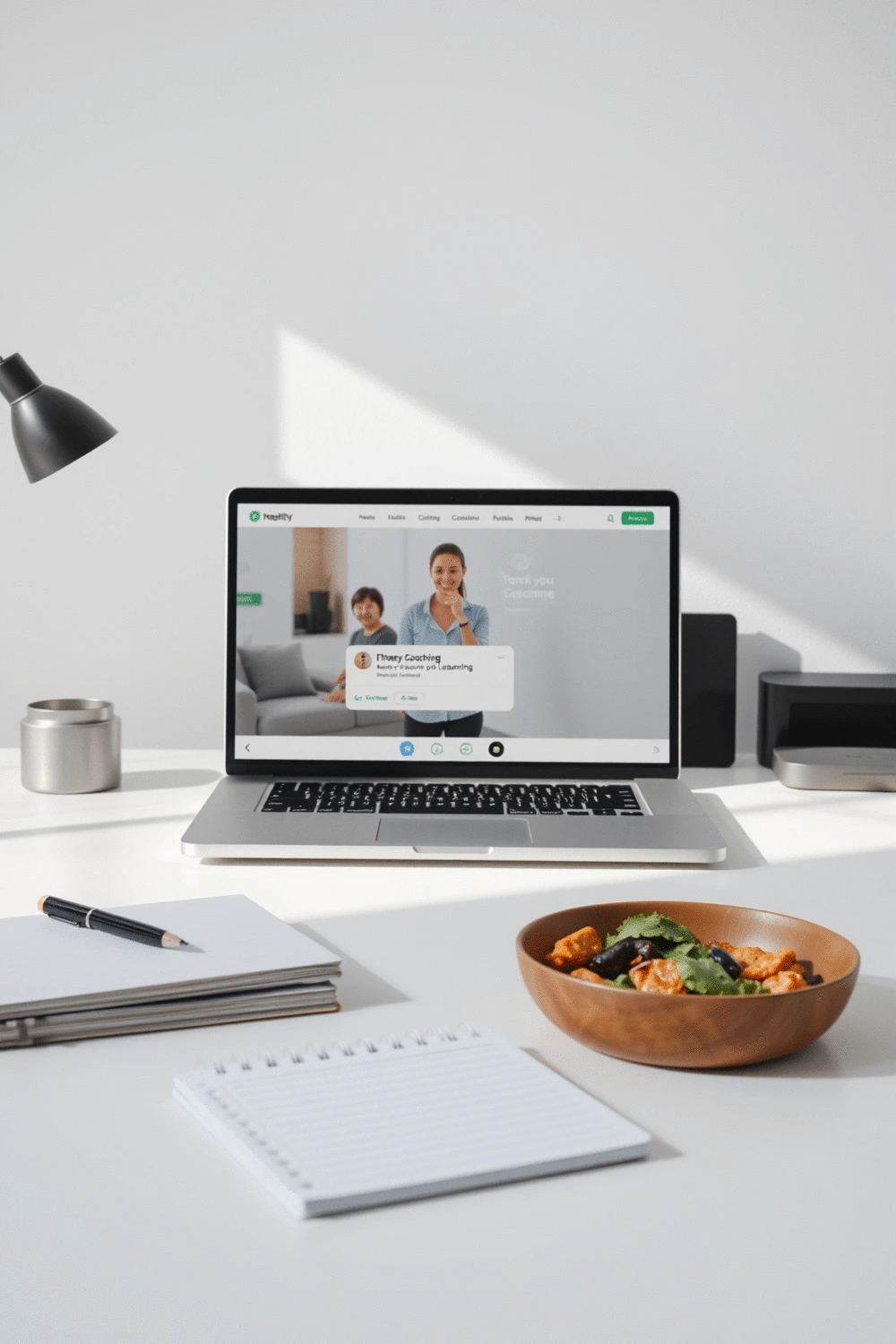 A clean, modern office desk with a laptop displaying a fitness coaching interface, a notepad for notes, and a healthy snack, symbolizing personalized guidance and learning.