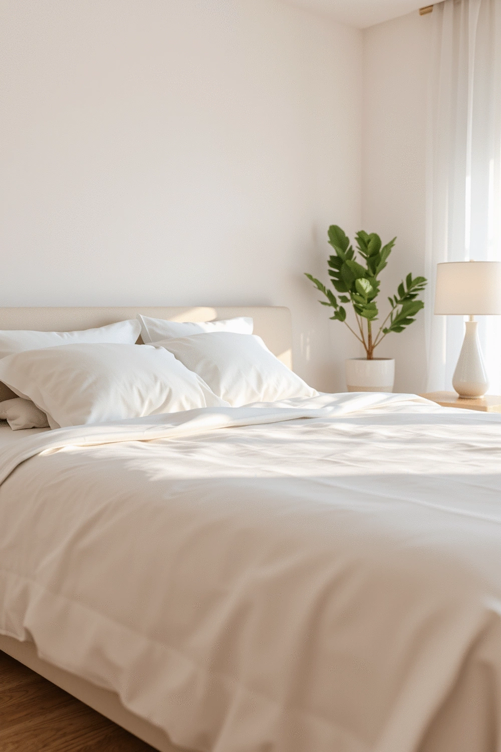 Clean, tranquil bedroom setting with soft lighting and a neatly made bed, suggesting restful sleep