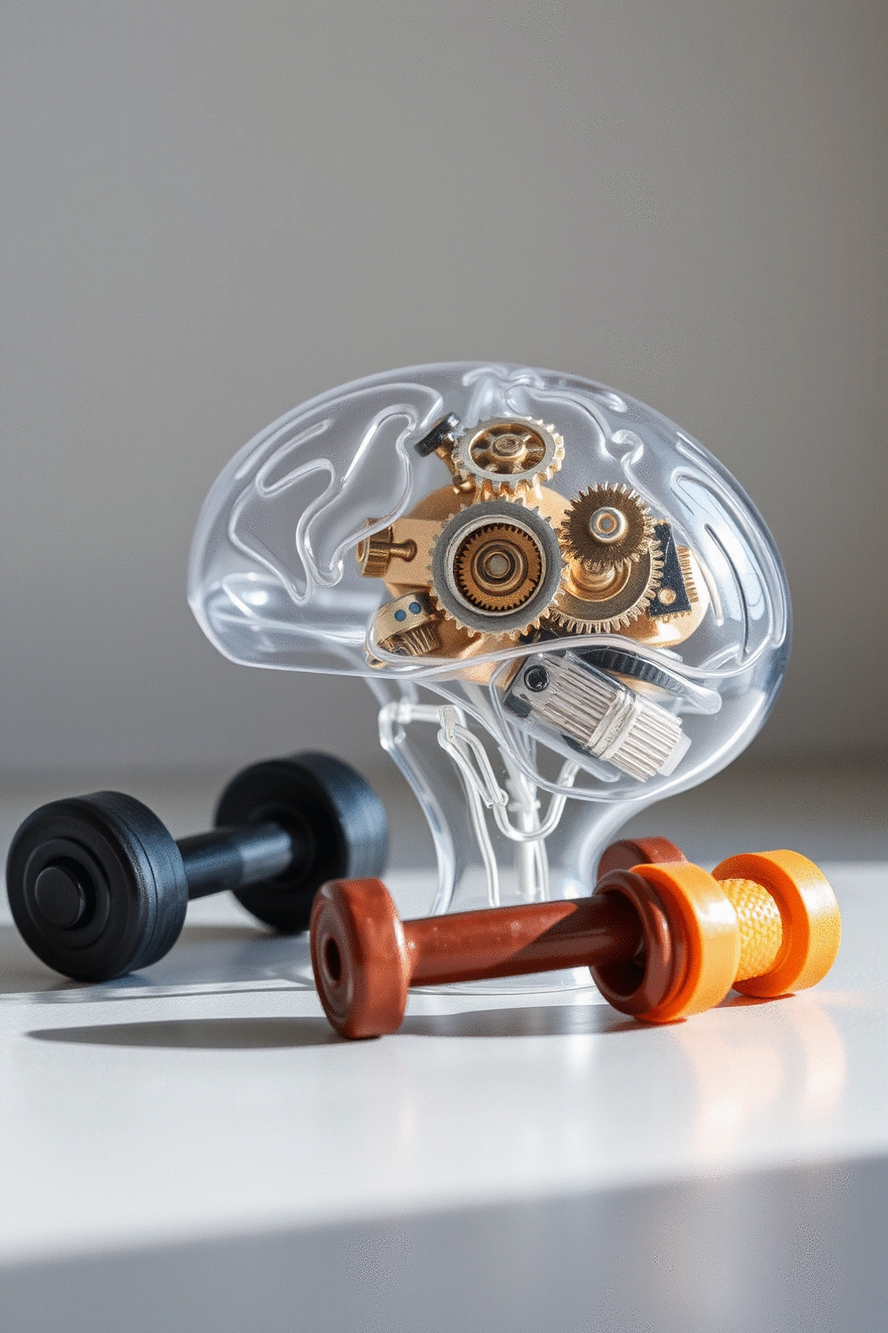 Conceptual image of a brain with gears and cogs, representing mindset and psychological processes, surrounded by motivational fitness equipment.