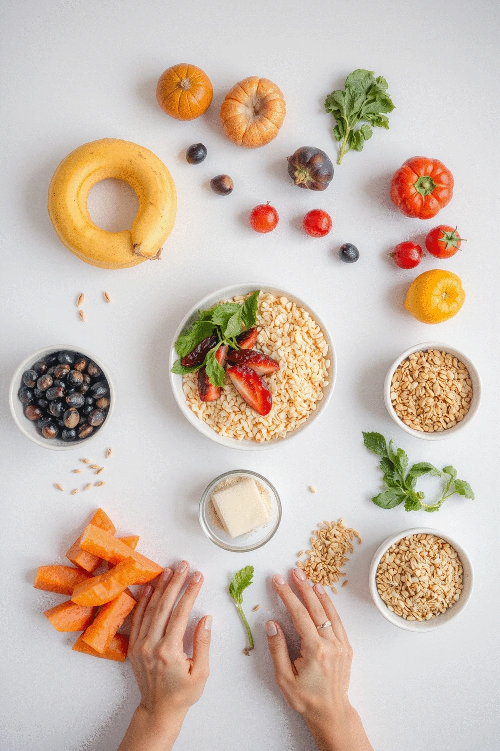 A neatly organized flat lay of healthy ingredients like fresh fruits, vegetables, and whole grains, symbolizing a balanced diet for a fitness journey.