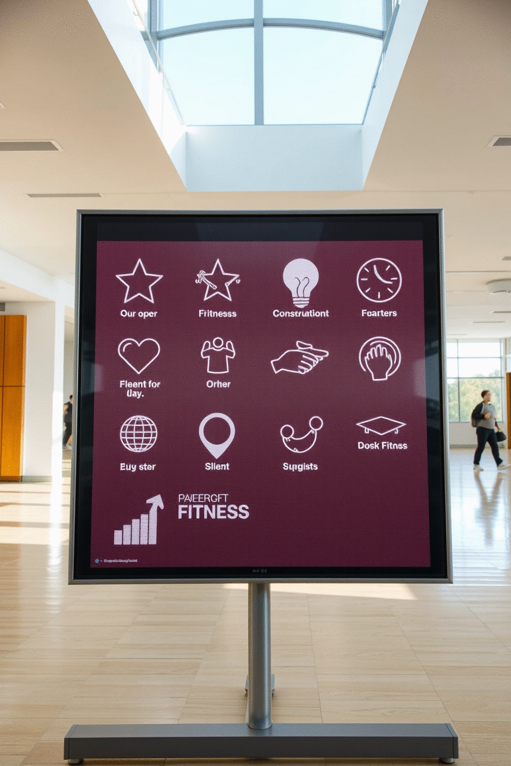 A clean, modern community board or digital display showing abstract fitness-related icons and encouraging messages, set in a brightly lit, open community center, symbolizing engagement and support.