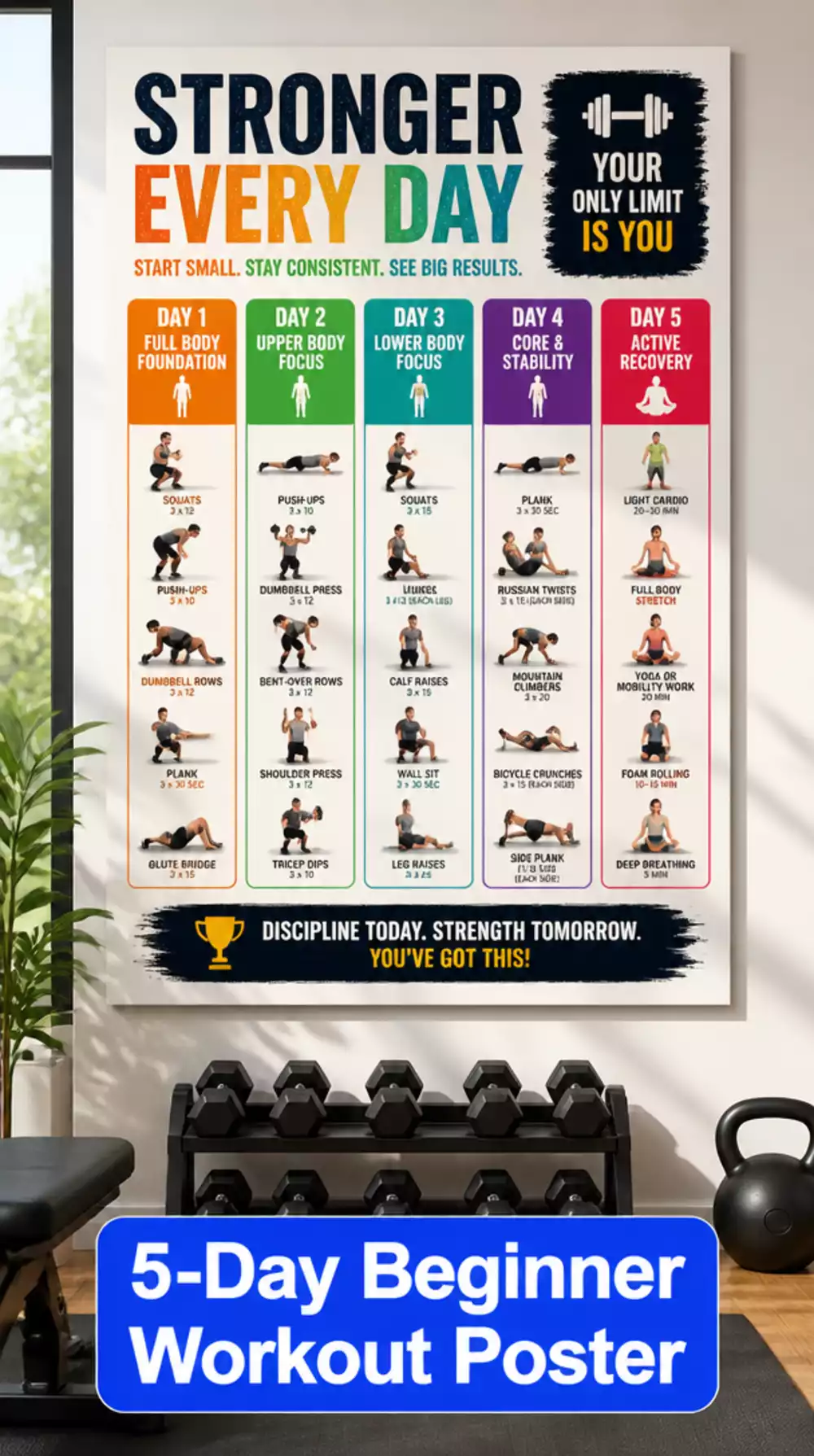 The 5-Day Beginner Split Poster That Every Gym Beginner Should Print Out