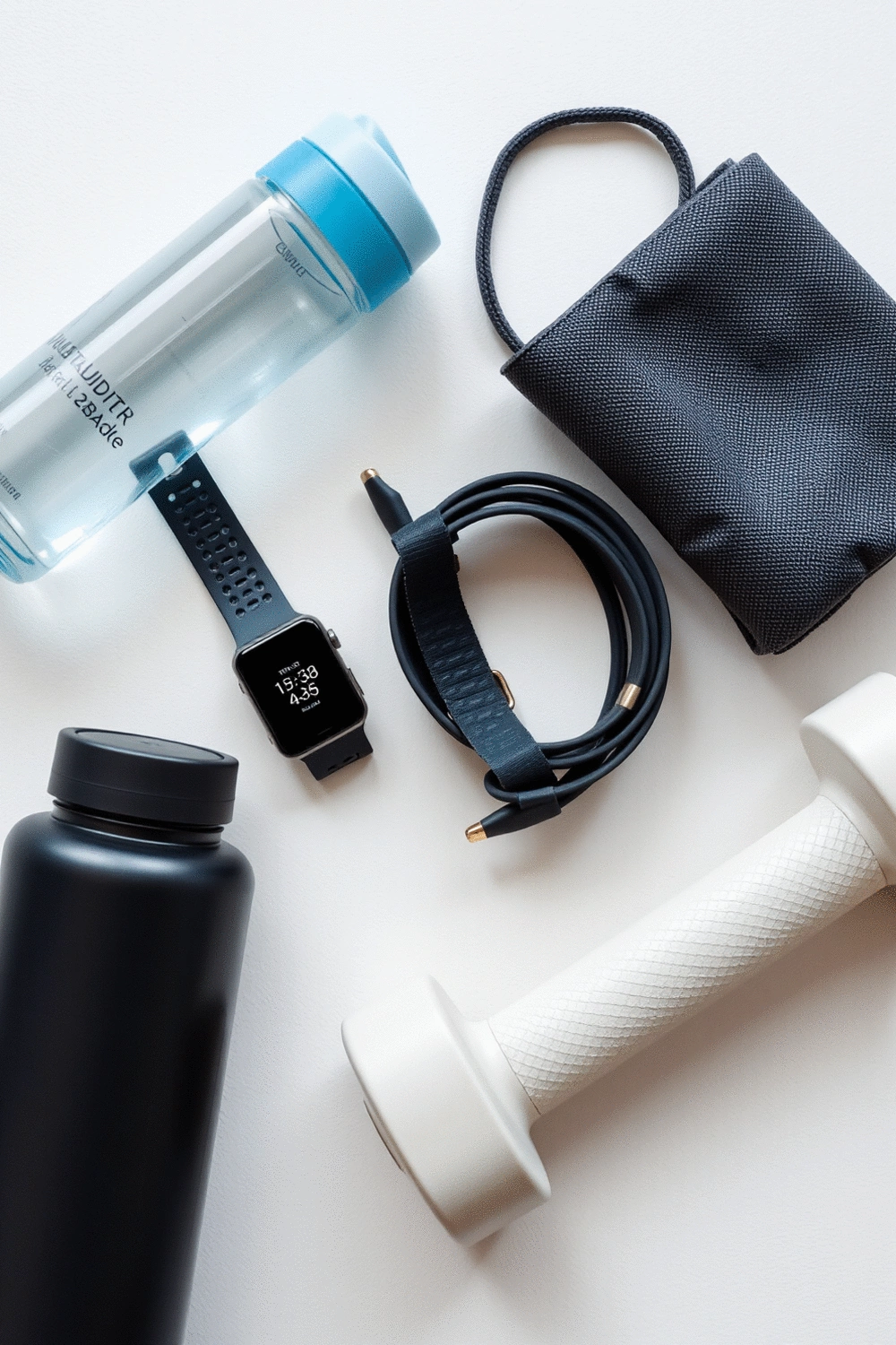 A flat lay of fitness-related items: a neatly organized fitness tracker, a small resistance band, a water bottle, and a set of light dumbbells on a clean, light background, representing tools for continuing a sustainable fitness path.