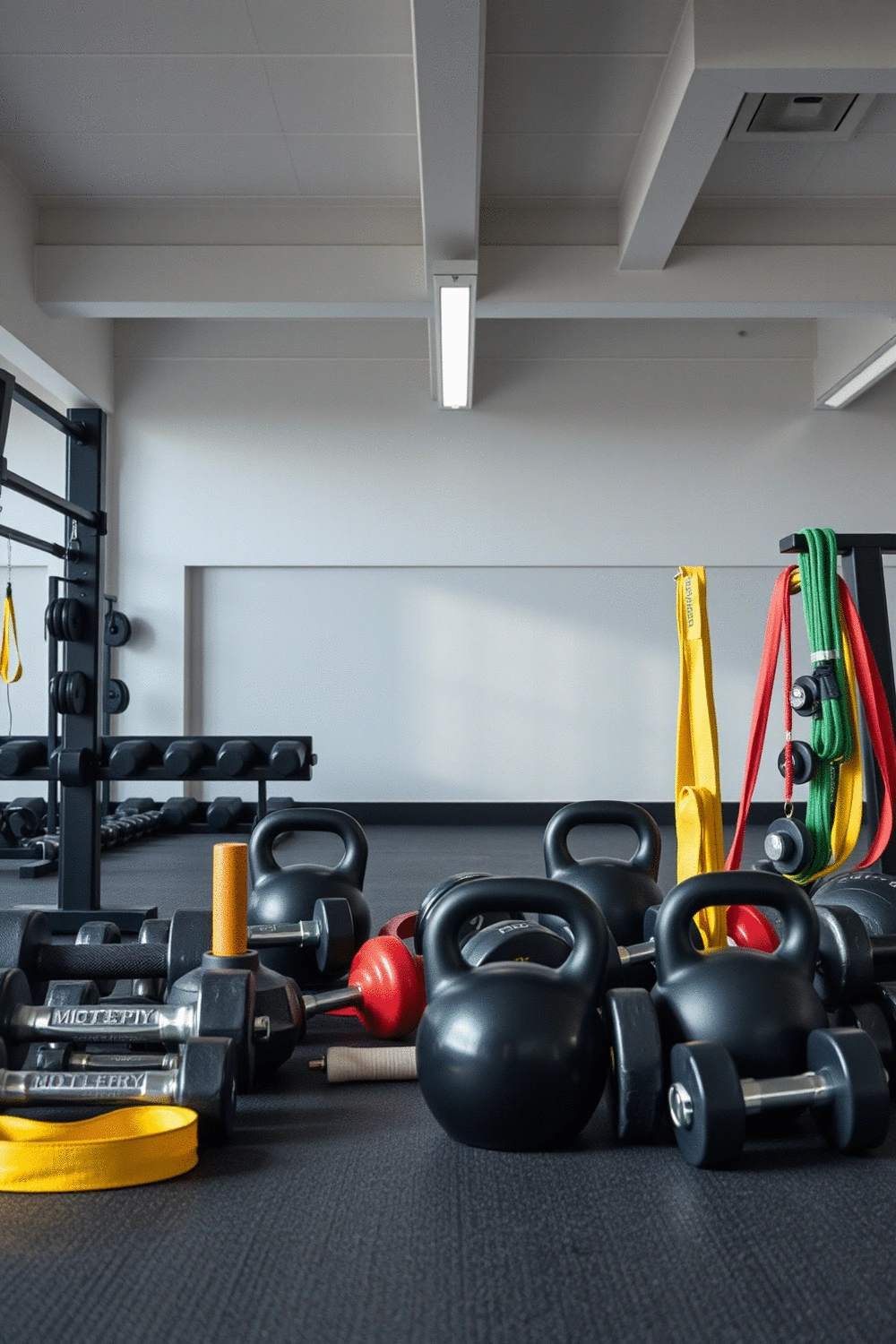 A collection of various gym equipment, such as dumbbells, kettlebells, and resistance bands, neatly arranged in a well-lit, empty gym space, highlighting organization and accessibility.